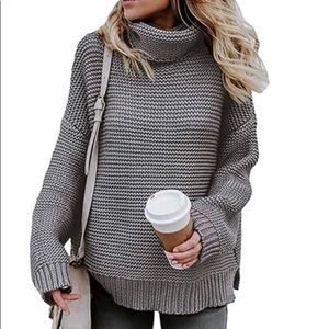 Gray Waffle Wide Turtleneck Chunky Sweater